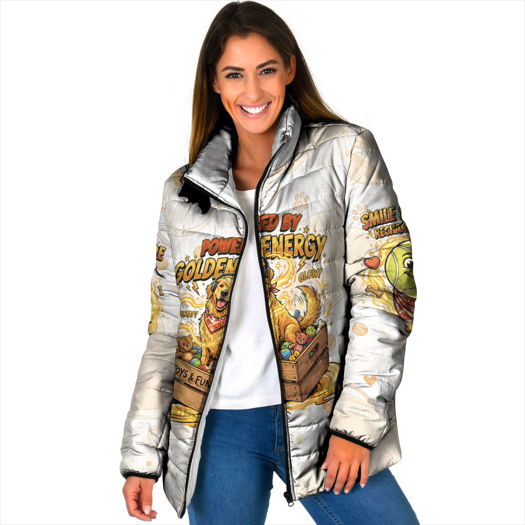 Powered By Golden Energy Padded Jacket Golden Retriever In Toy Retro Comic Crate Art