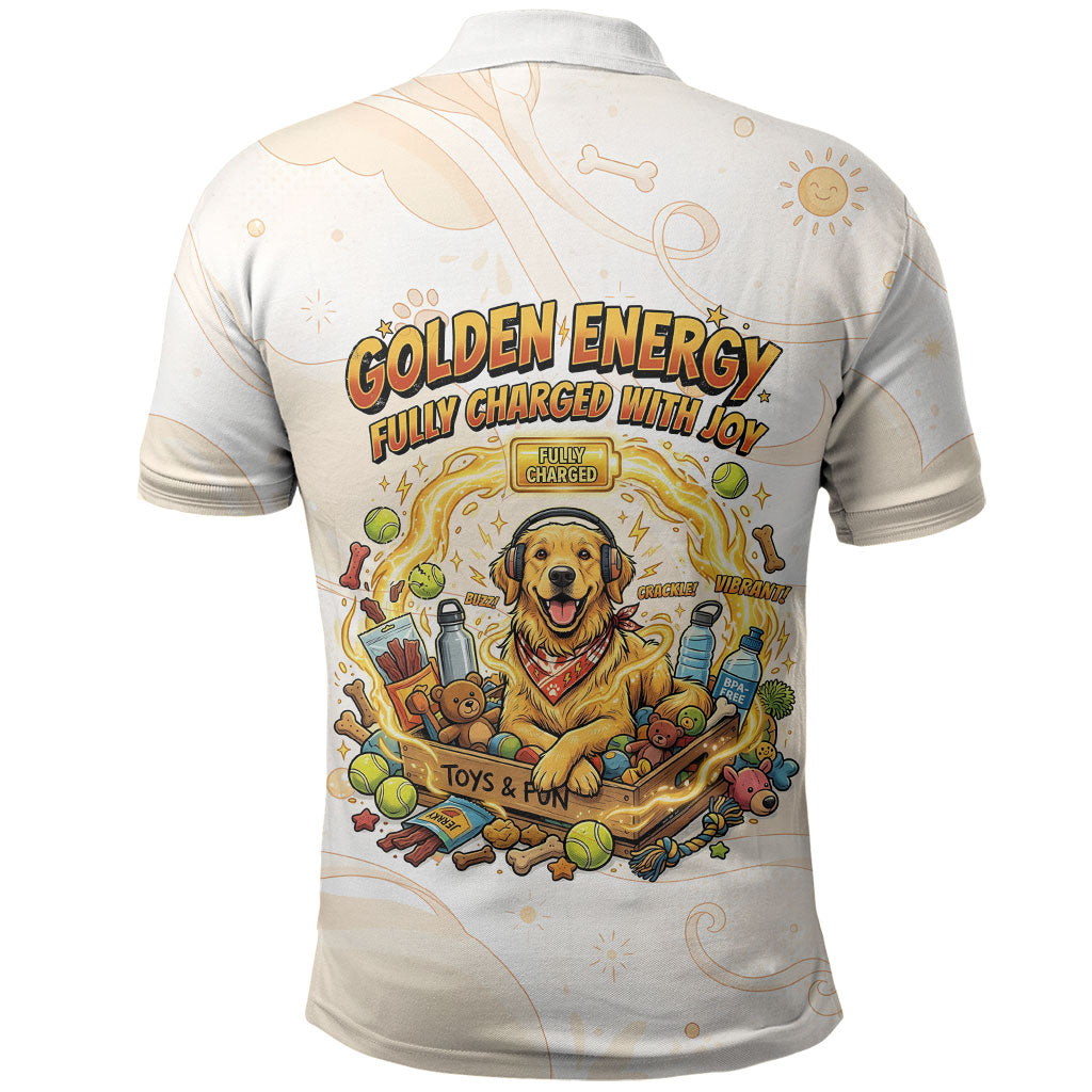 Powered By Golden Energy Polo Shirt Golden Retriever In Toy Retro Comic Crate Art