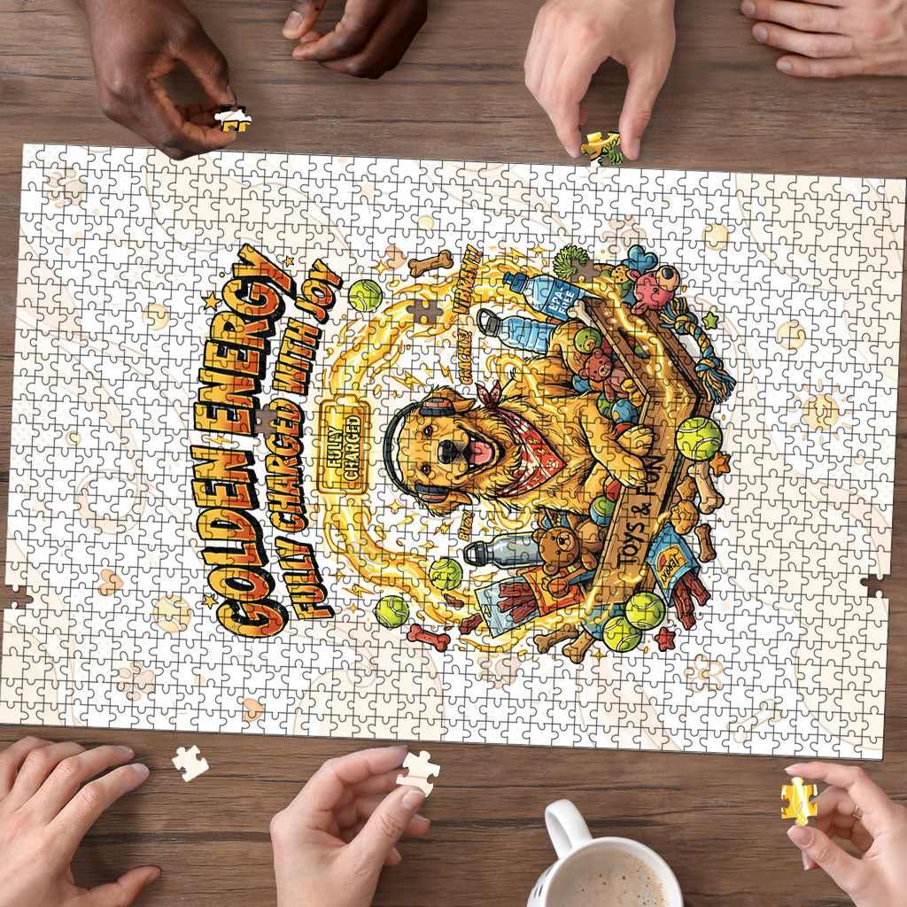 Powered By Golden Energy Puzzle Golden Retriever In Toy Retro Comic Crate Art