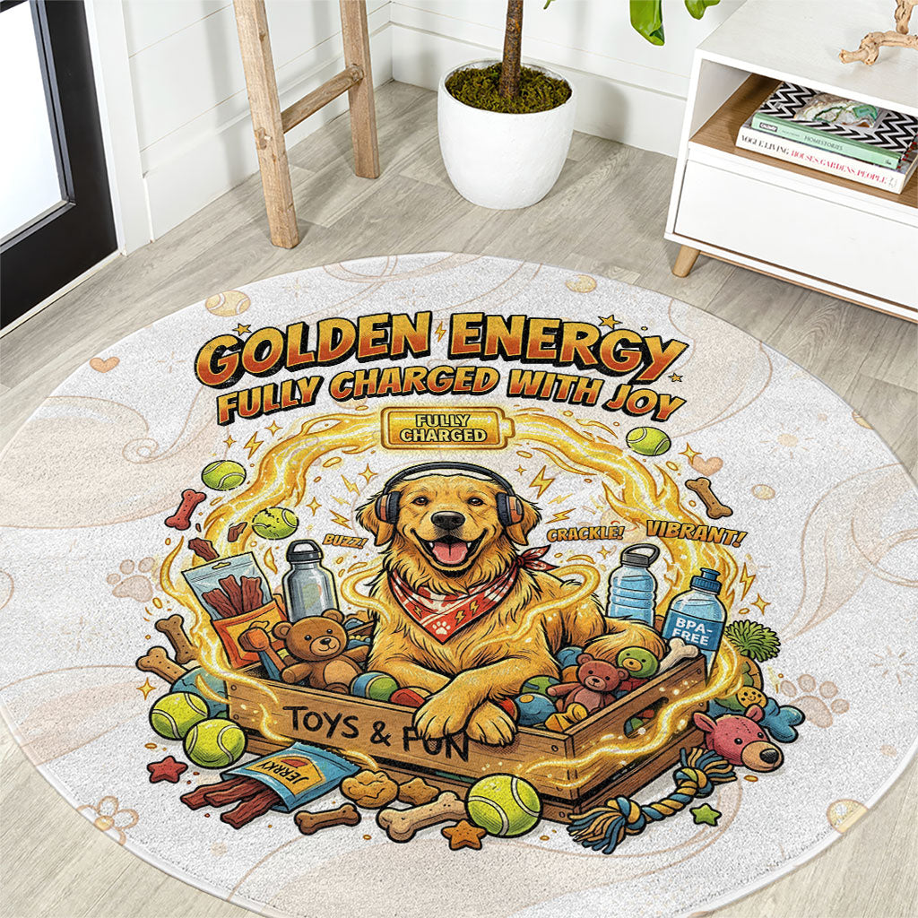 Powered By Golden Energy Round Carpet Golden Retriever In Toy Retro Comic Crate Art
