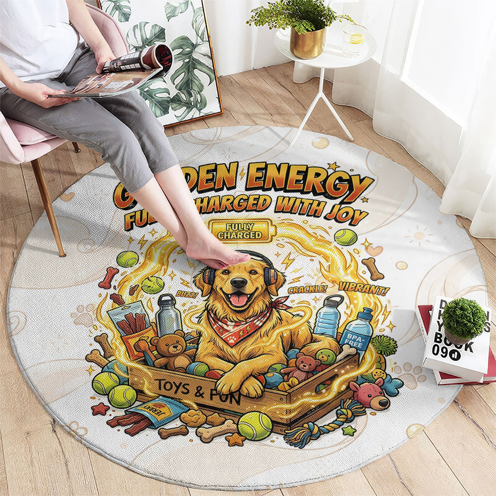 Powered By Golden Energy Round Carpet Golden Retriever In Toy Retro Comic Crate Art
