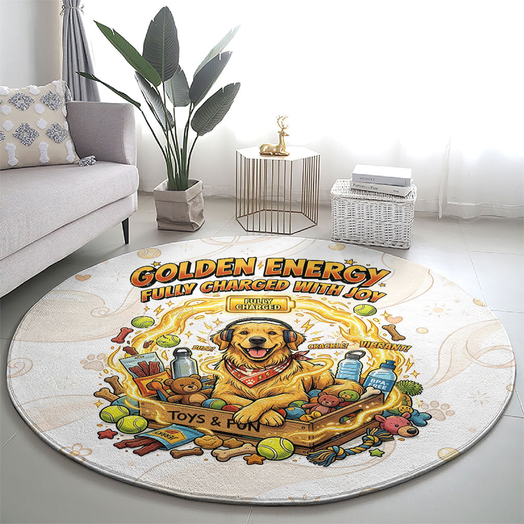 Powered By Golden Energy Round Carpet Golden Retriever In Toy Retro Comic Crate Art