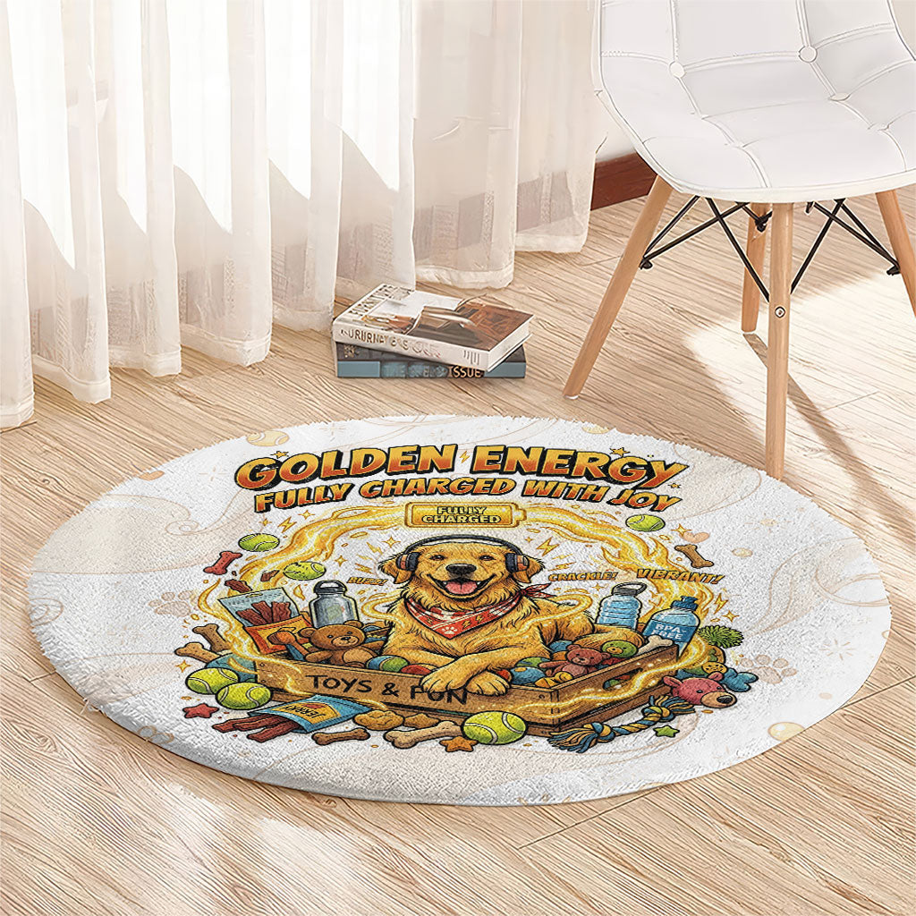 Powered By Golden Energy Round Carpet Golden Retriever In Toy Retro Comic Crate Art