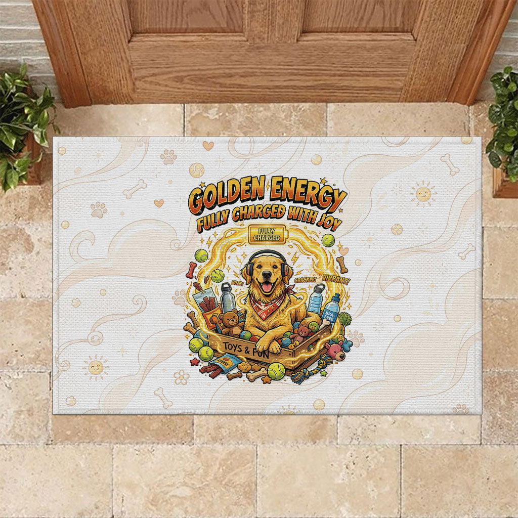 Powered By Golden Energy Rubber Doormat Golden Retriever In Toy Retro Comic Crate Art