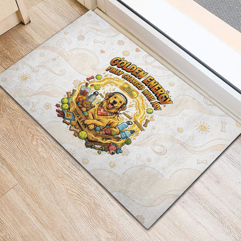 Powered By Golden Energy Rubber Doormat Golden Retriever In Toy Retro Comic Crate Art