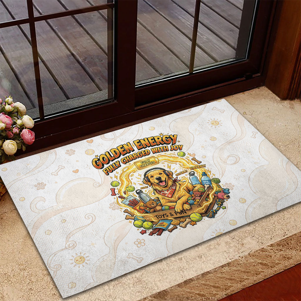 Powered By Golden Energy Rubber Doormat Golden Retriever In Toy Retro Comic Crate Art