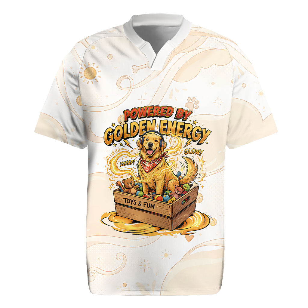 Powered By Golden Energy Rugby Jersey Golden Retriever In Toy Retro Comic Crate Art