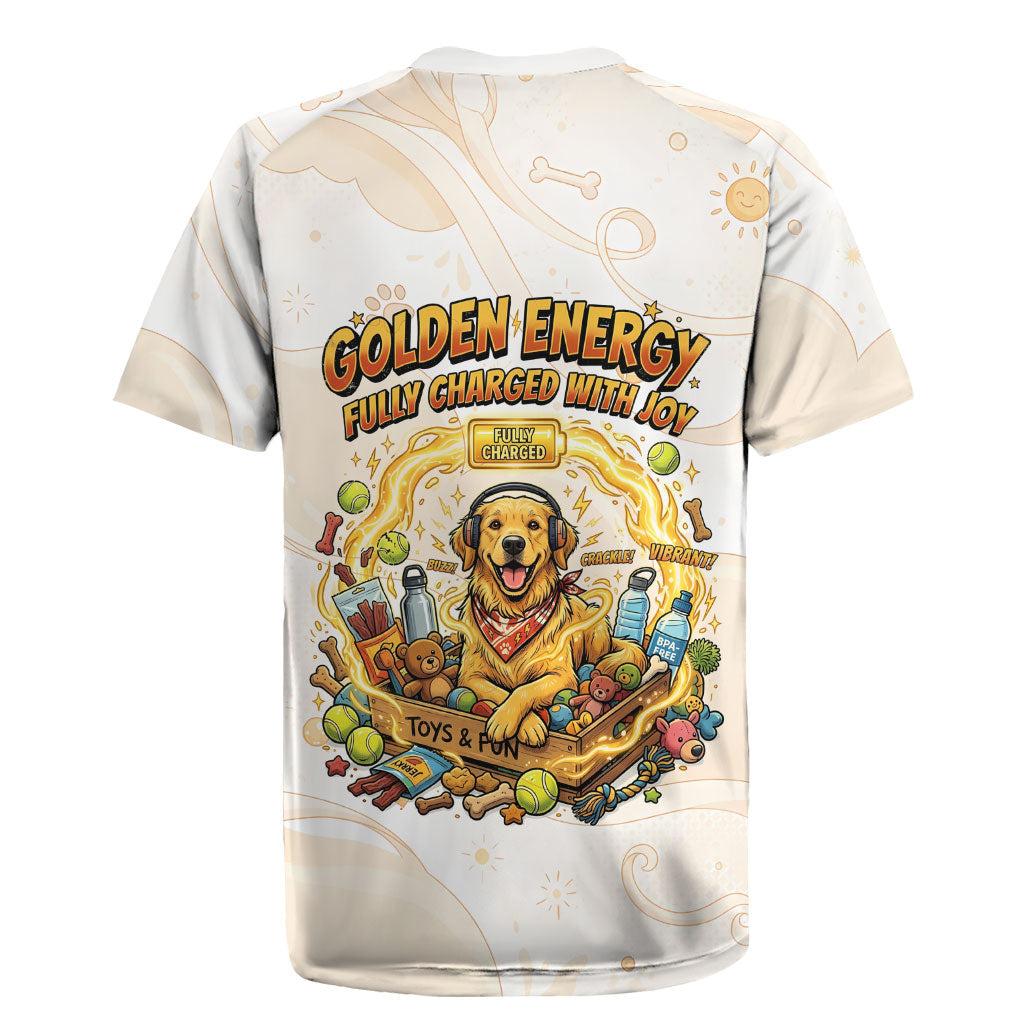 Powered By Golden Energy Rugby Jersey Golden Retriever In Toy Retro Comic Crate Art