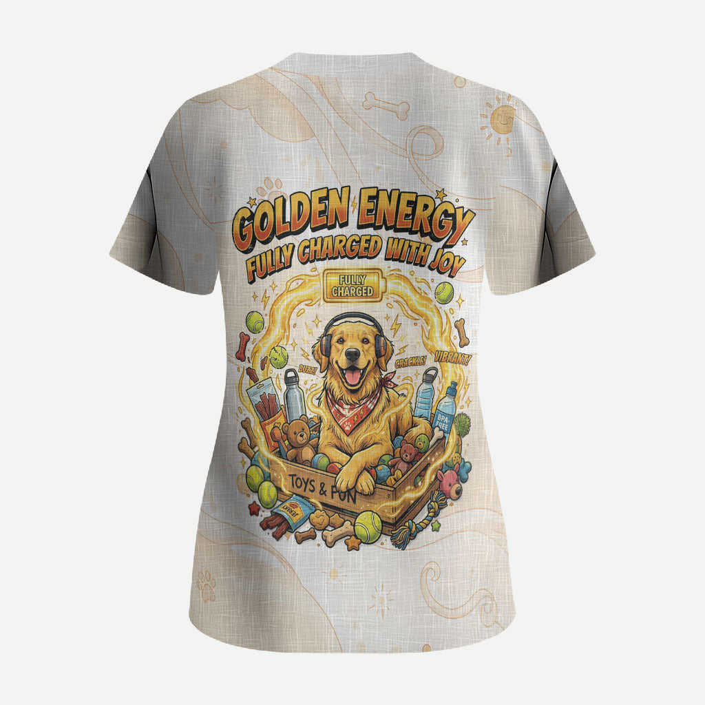 Powered By Golden Energy Scrub Top Golden Retriever In Toy Retro Comic Crate Art