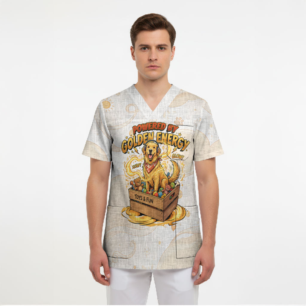Powered By Golden Energy Scrub Top Golden Retriever In Toy Retro Comic Crate Art