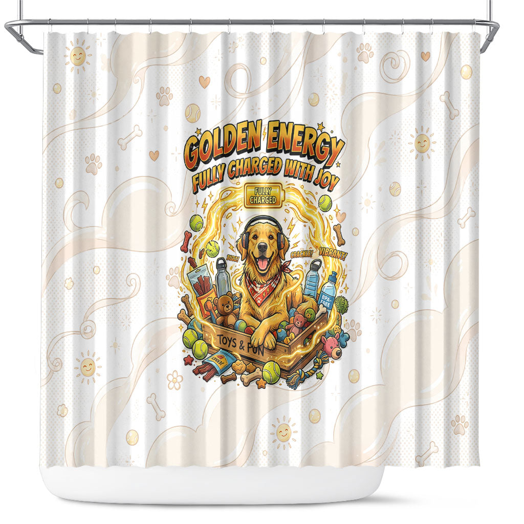 Powered By Golden Energy Shower Curtain Golden Retriever In Toy Retro Comic Crate Art