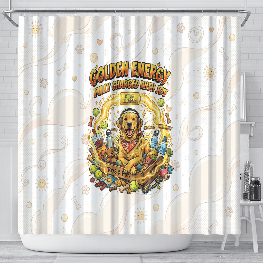 Powered By Golden Energy Shower Curtain Golden Retriever In Toy Retro Comic Crate Art