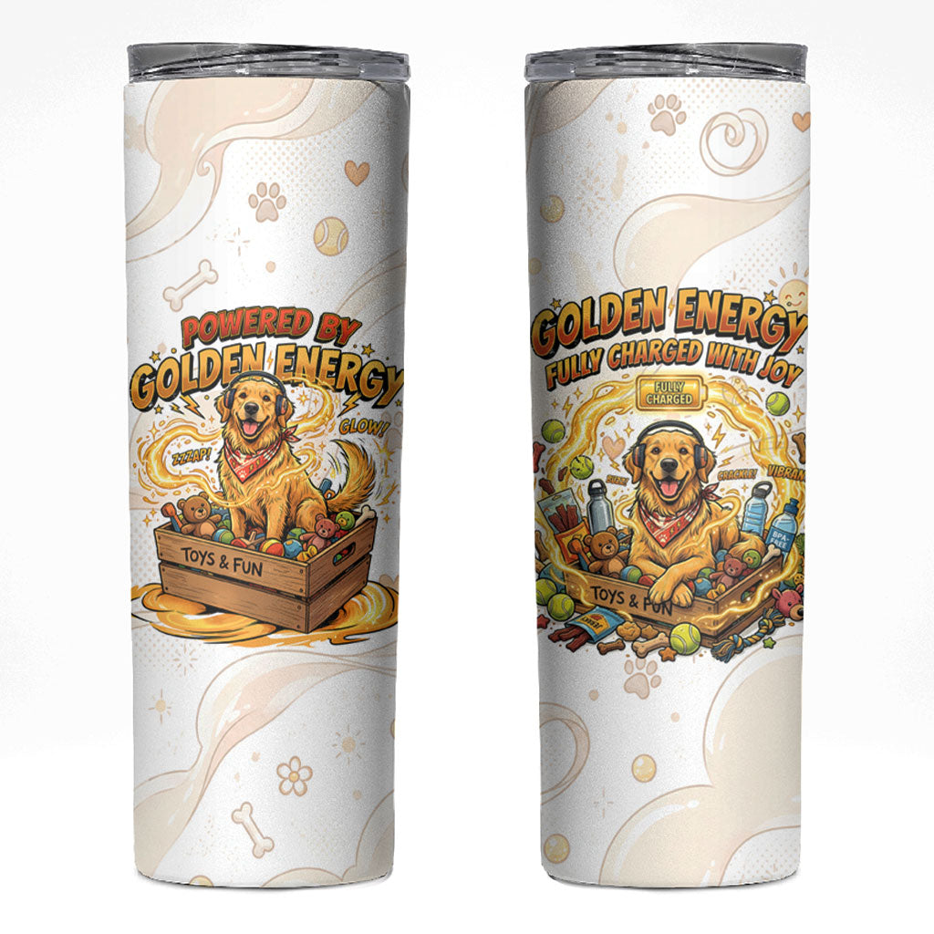 Powered By Golden Energy Skinny Tumbler Golden Retriever In Toy Retro Comic Crate Art