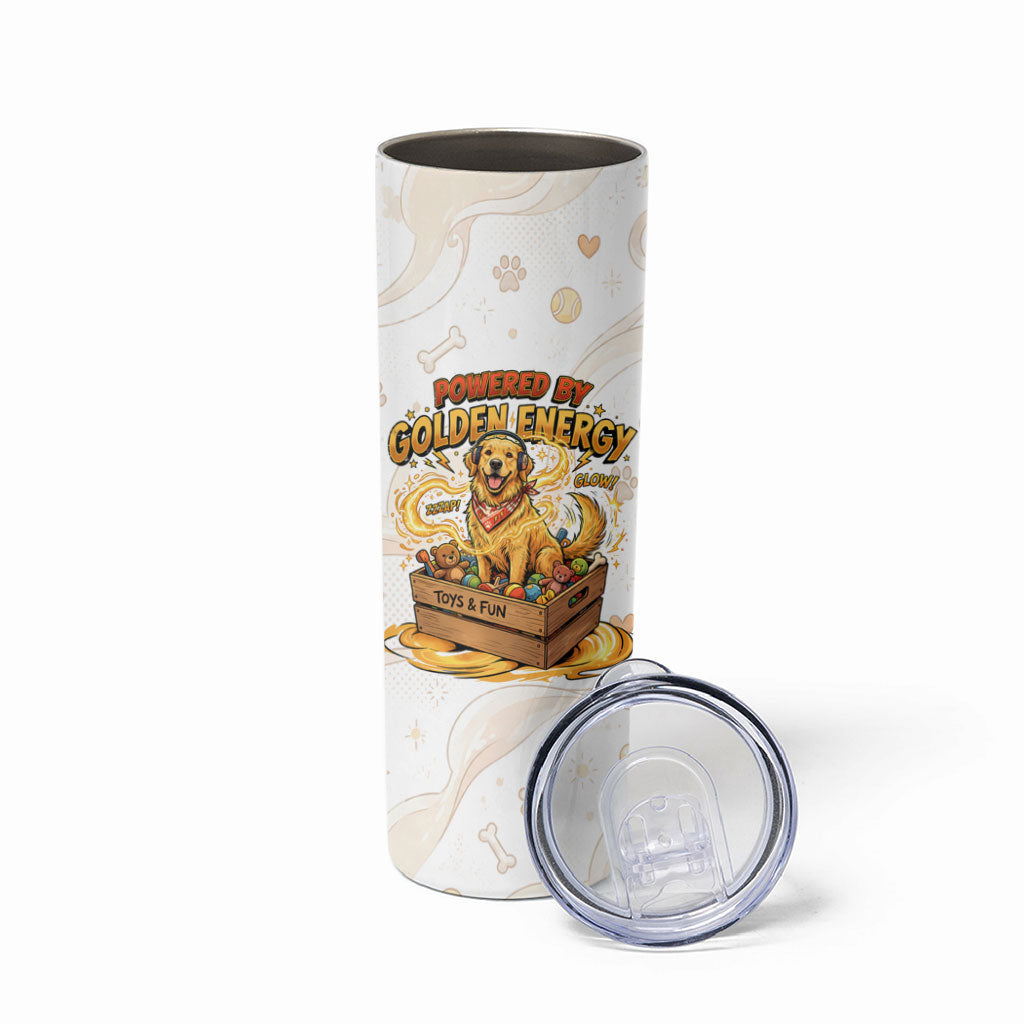 Powered By Golden Energy Skinny Tumbler Golden Retriever In Toy Retro Comic Crate Art