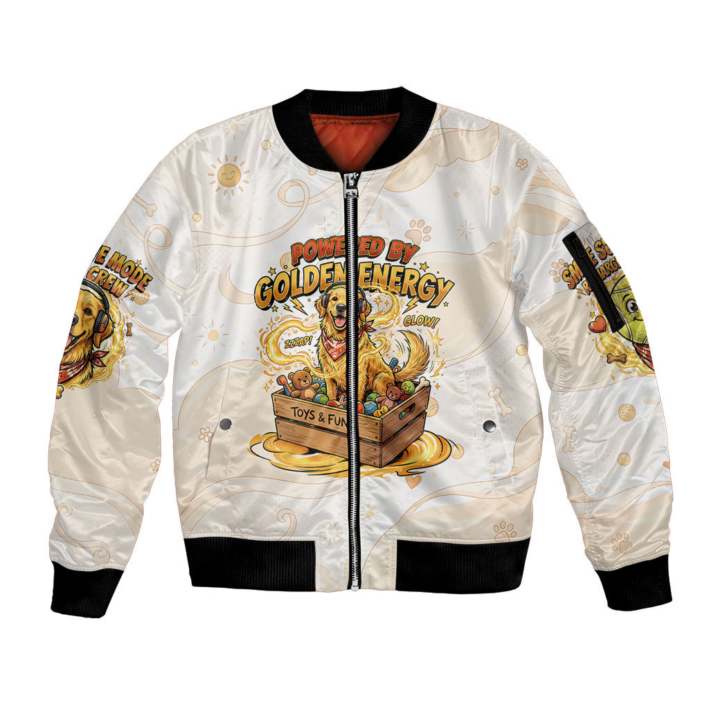Powered By Golden Energy Sleeve Zip Bomber Jacket Golden Retriever In Toy Retro Comic Crate Art