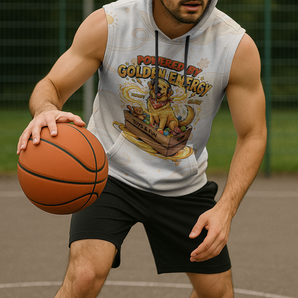 Powered By Golden Energy Sleeveless Hoodie Golden Retriever In Toy Retro Comic Crate Art