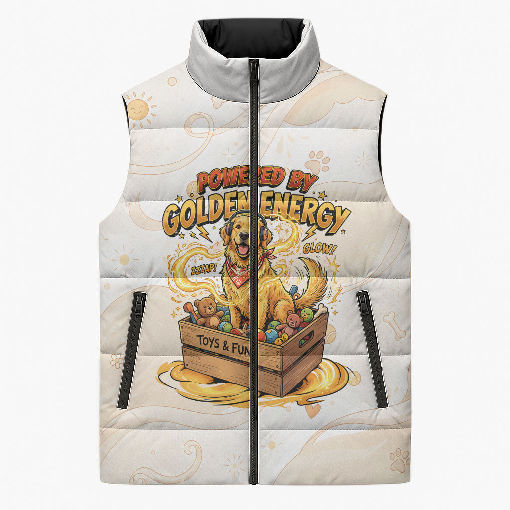 Powered By Golden Energy Sleeveless Puffer Jacket Golden Retriever In Toy Retro Comic Crate Art