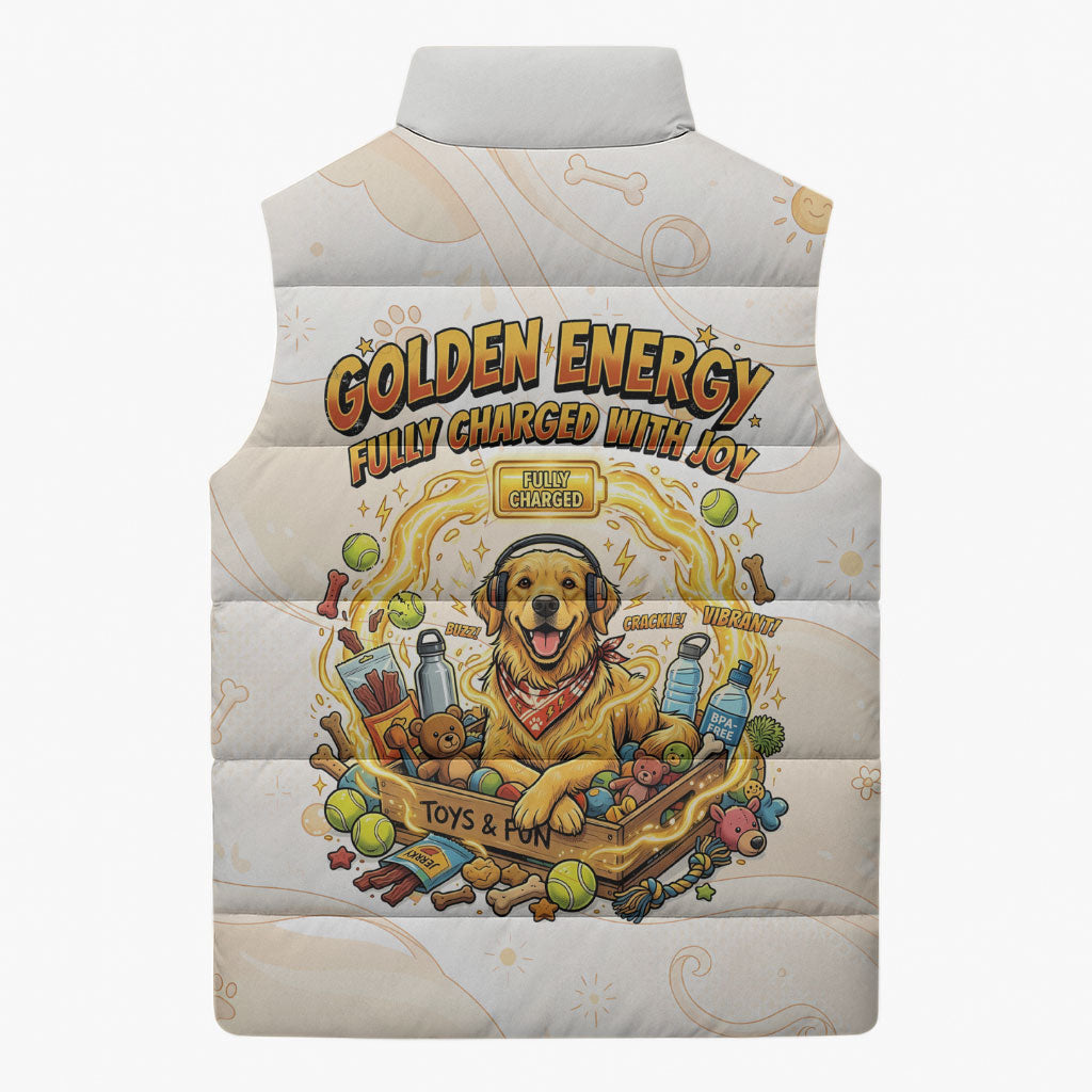 Powered By Golden Energy Sleeveless Puffer Jacket Golden Retriever In Toy Retro Comic Crate Art