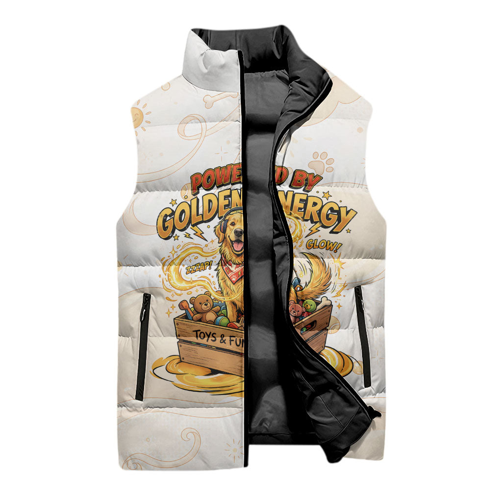 Powered By Golden Energy Sleeveless Puffer Jacket Golden Retriever In Toy Retro Comic Crate Art