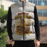 Powered By Golden Energy Sleeveless Puffer Jacket Golden Retriever In Toy Retro Comic Crate Art
