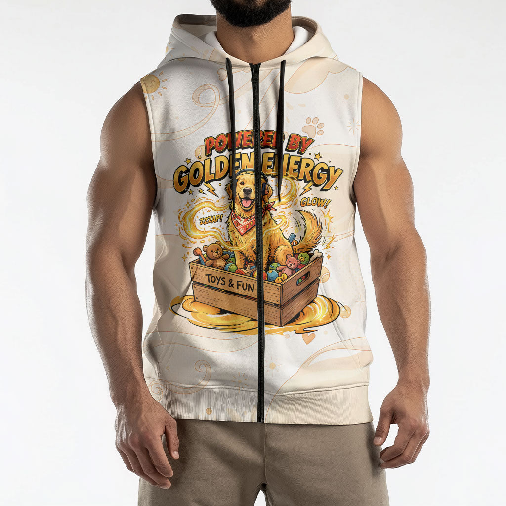 Powered By Golden Energy Sleeveless Zip Hoodie Golden Retriever In Toy Retro Comic Crate Art