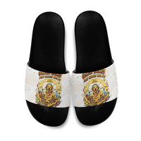 Powered By Golden Energy Slide Sandals Golden Retriever In Toy Retro Comic Crate Art