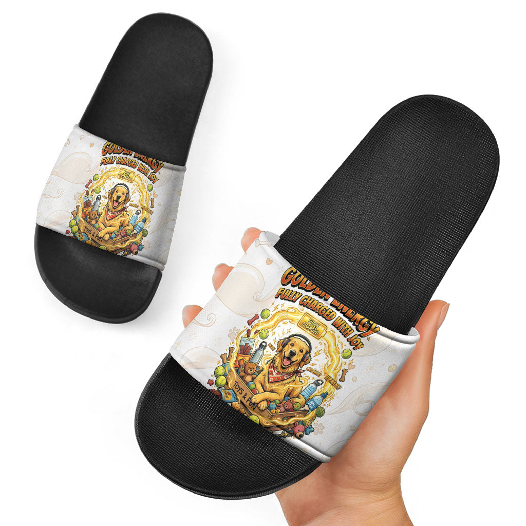 Powered By Golden Energy Slide Sandals Golden Retriever In Toy Retro Comic Crate Art