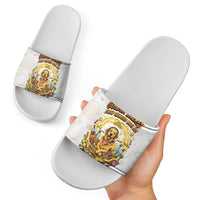 Powered By Golden Energy Slide Sandals Golden Retriever In Toy Retro Comic Crate Art