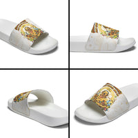 Powered By Golden Energy Slide Sandals Golden Retriever In Toy Retro Comic Crate Art