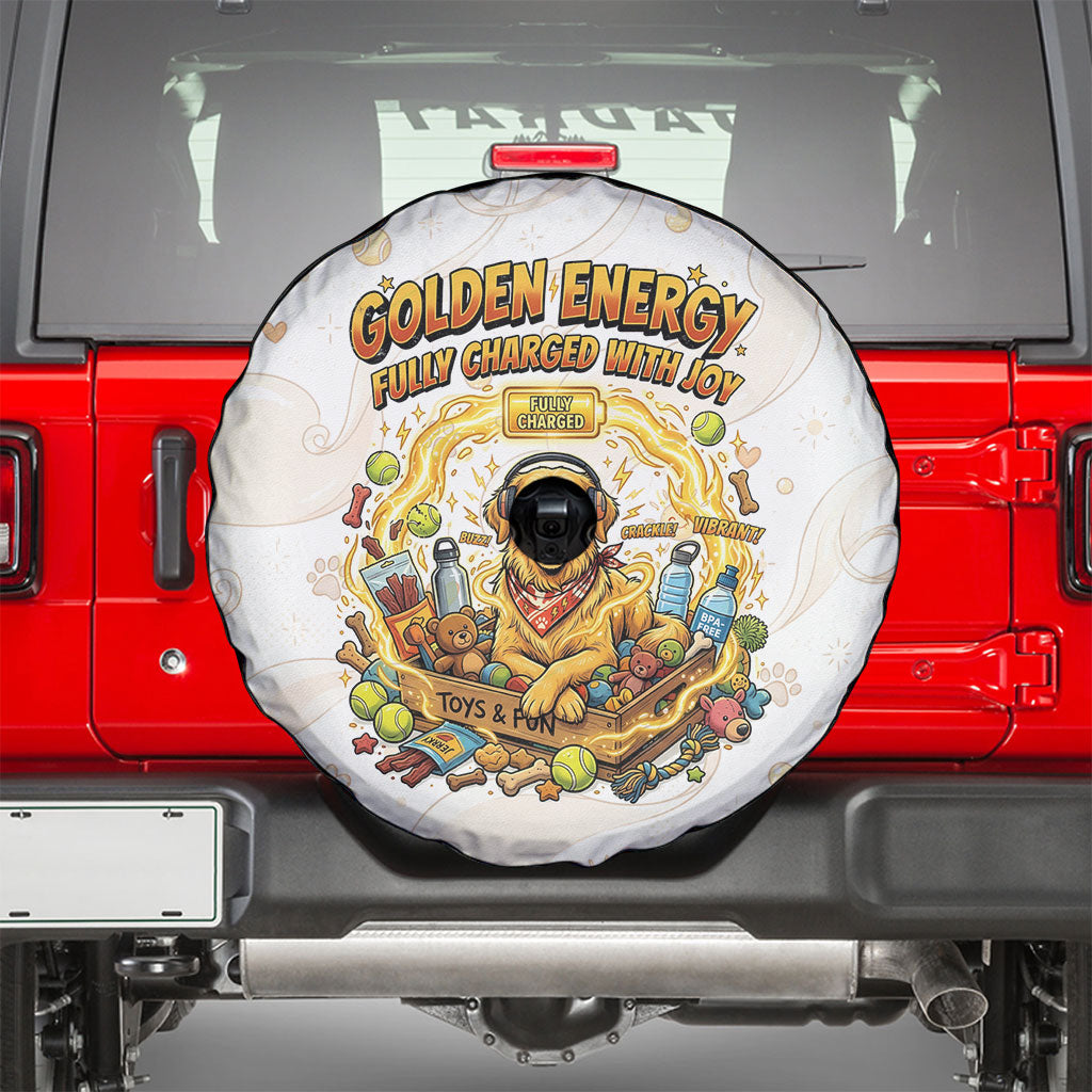 Powered By Golden Energy Spare Tire Cover Golden Retriever In Toy Retro Comic Crate Art
