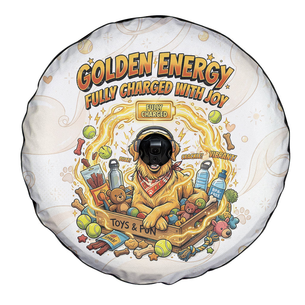 Powered By Golden Energy Spare Tire Cover Golden Retriever In Toy Retro Comic Crate Art