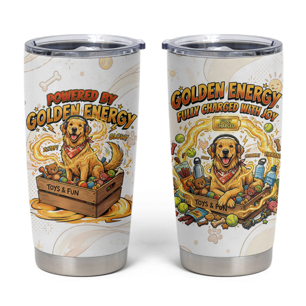 Powered By Golden Energy Tumbler Cup Golden Retriever In Toy Retro Comic Crate Art