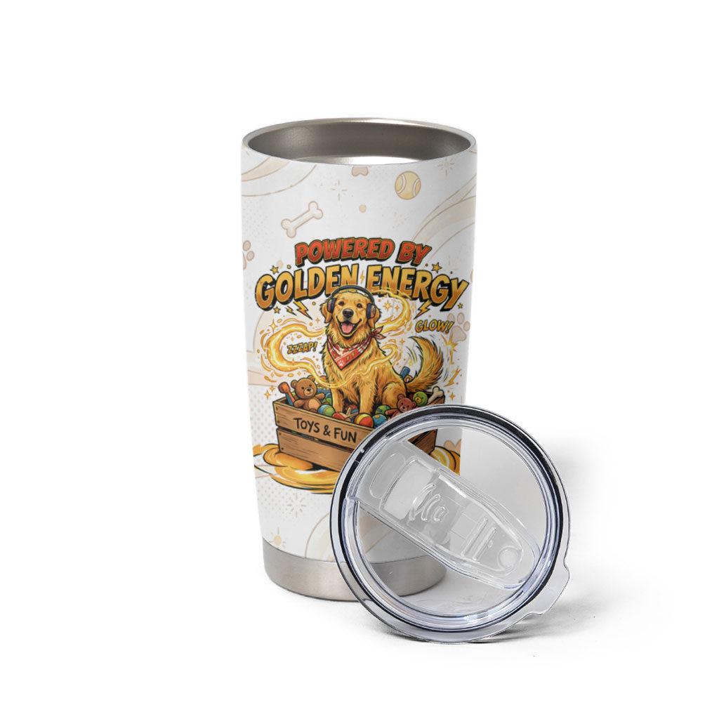 Powered By Golden Energy Tumbler Cup Golden Retriever In Toy Retro Comic Crate Art