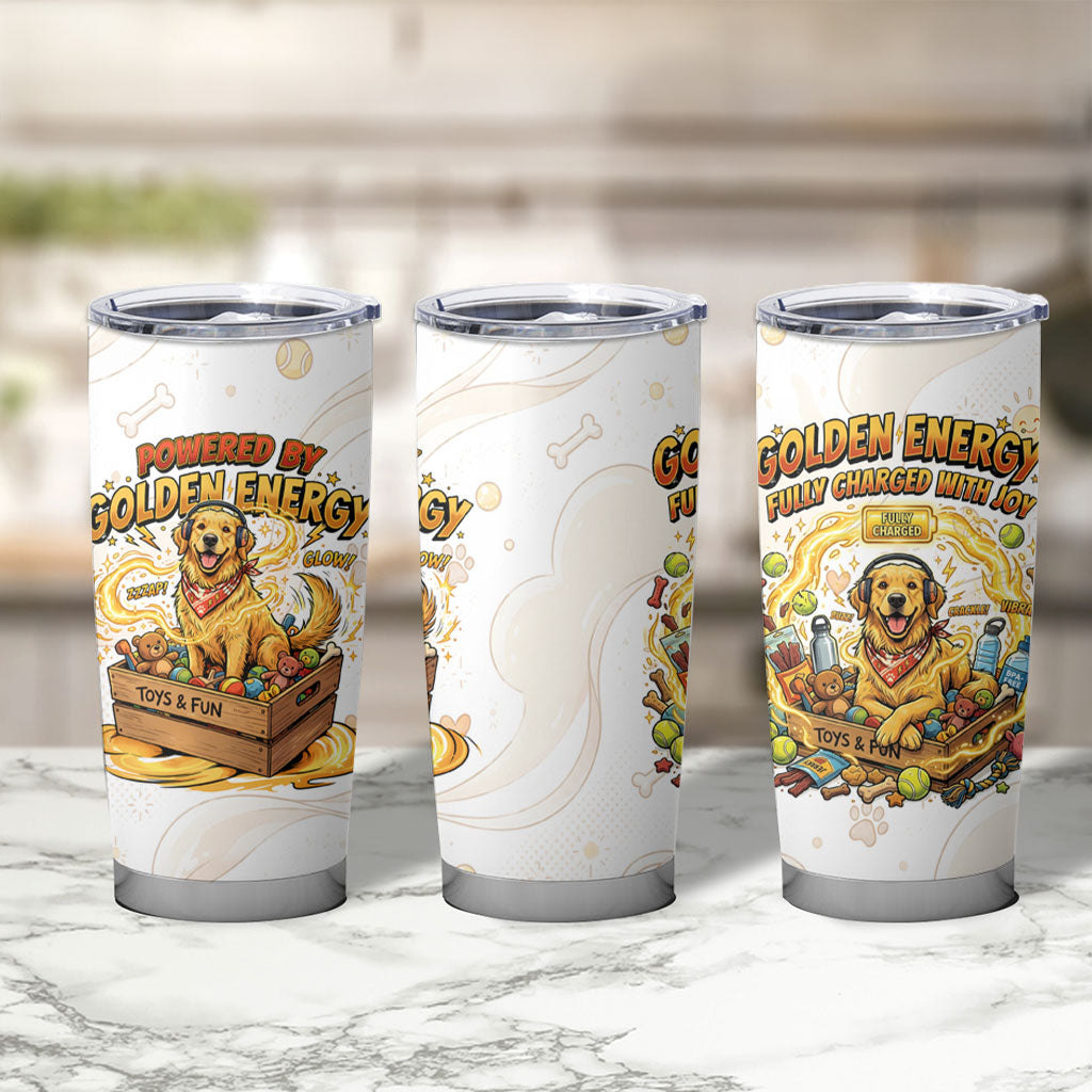 Powered By Golden Energy Tumbler Cup Golden Retriever In Toy Retro Comic Crate Art
