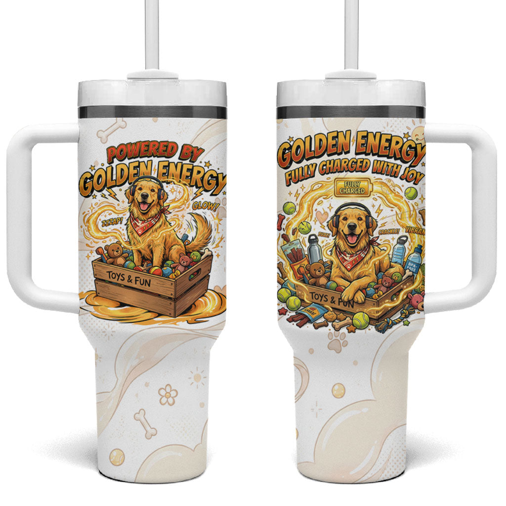 Powered By Golden Energy Tumbler With Handle Golden Retriever In Toy Retro Comic Crate Art
