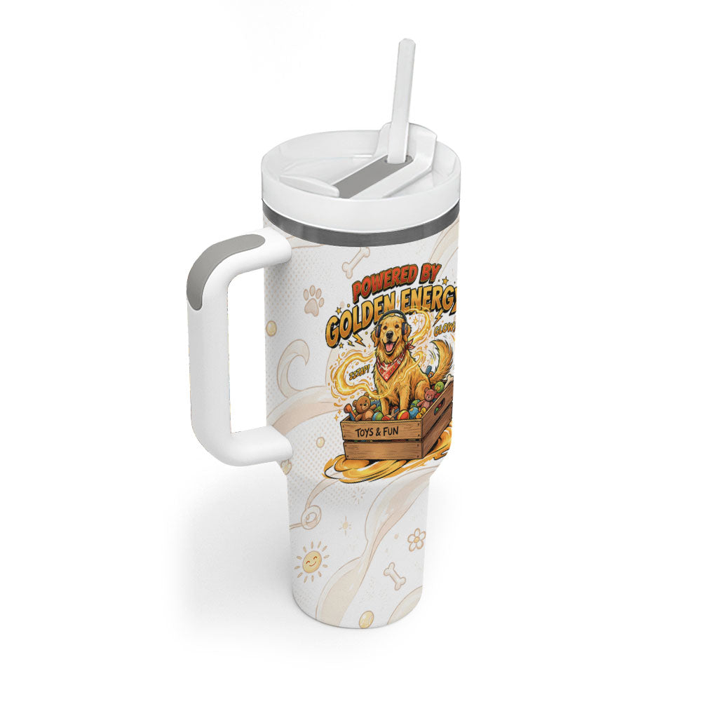 Powered By Golden Energy Tumbler With Handle Golden Retriever In Toy Retro Comic Crate Art
