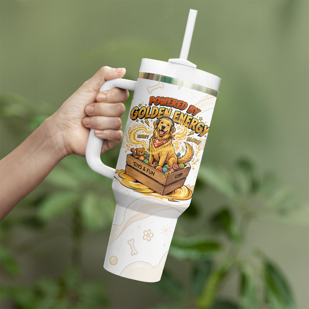 Powered By Golden Energy Tumbler With Handle Golden Retriever In Toy Retro Comic Crate Art