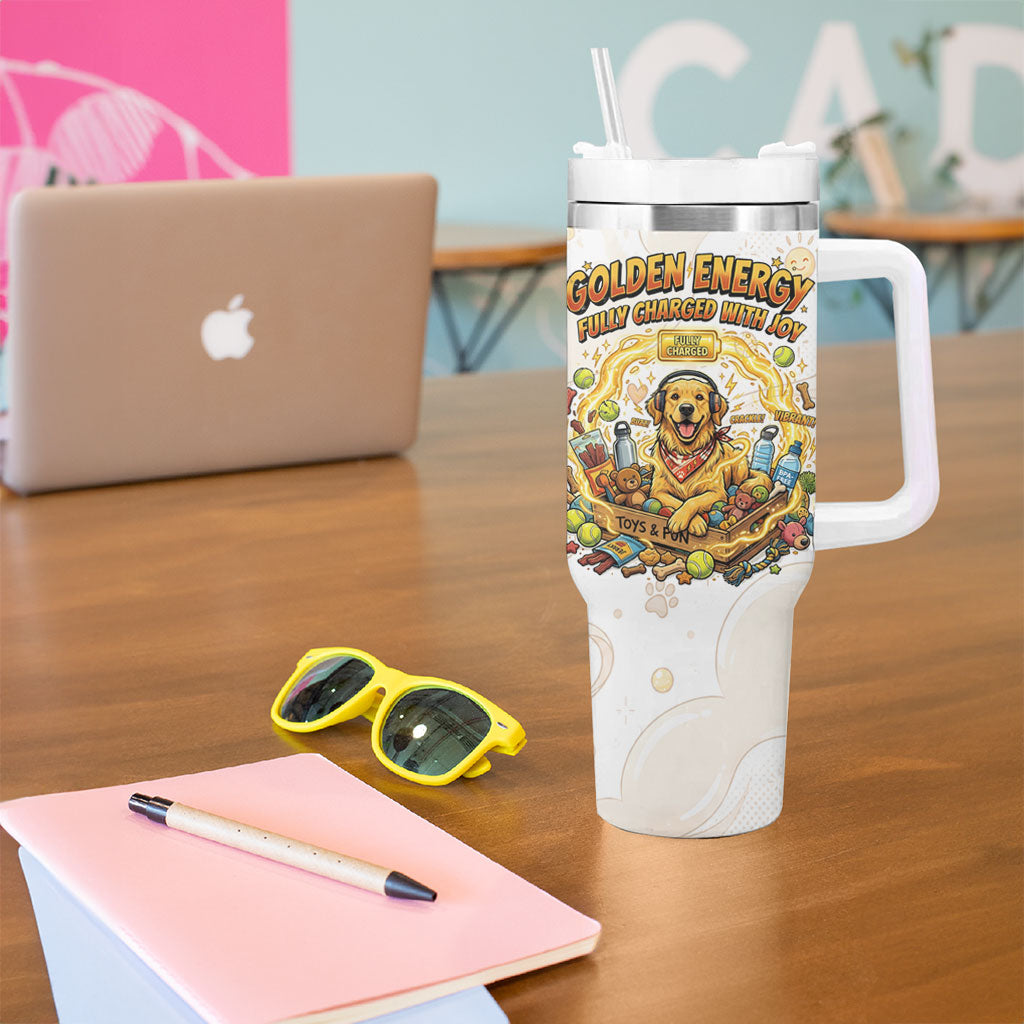 Powered By Golden Energy Tumbler With Handle Golden Retriever In Toy Retro Comic Crate Art