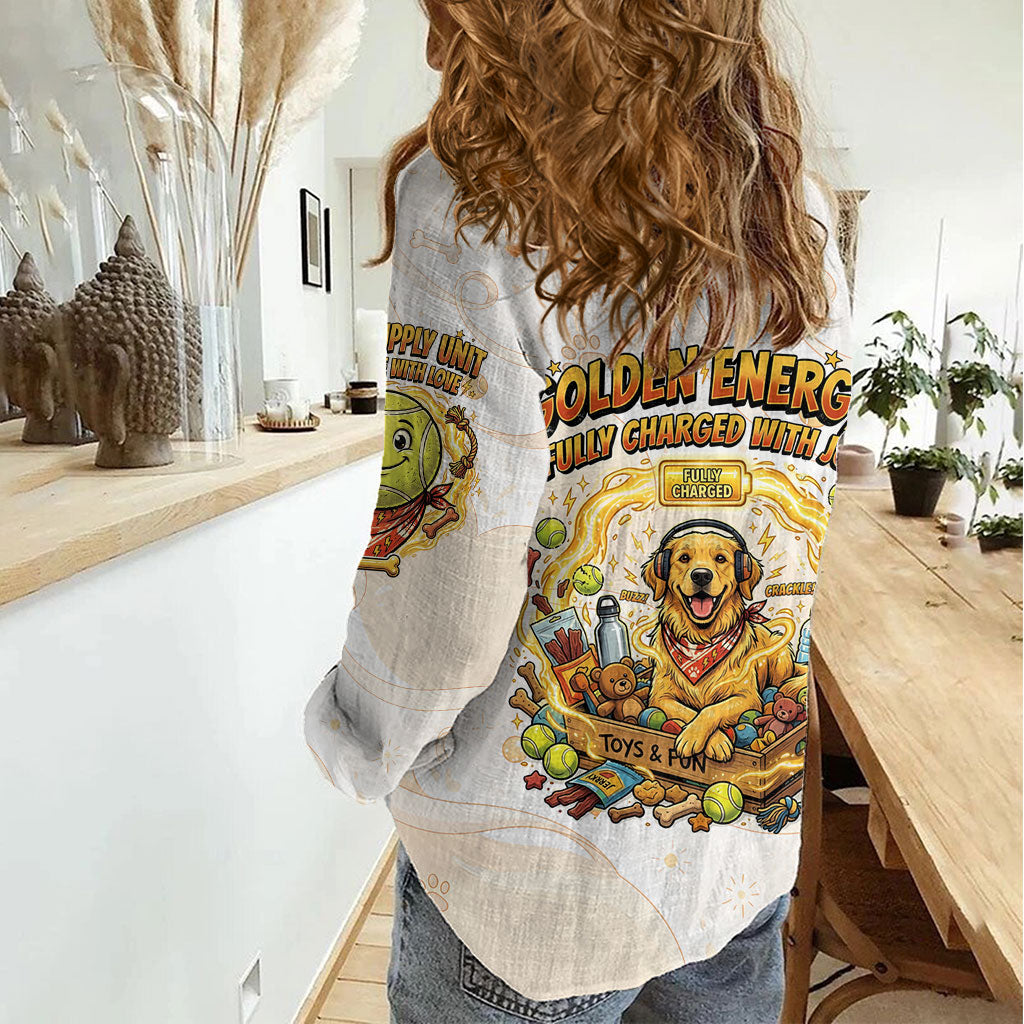 Powered By Golden Energy Women Casual Shirt Golden Retriever In Toy Retro Comic Crate Art
