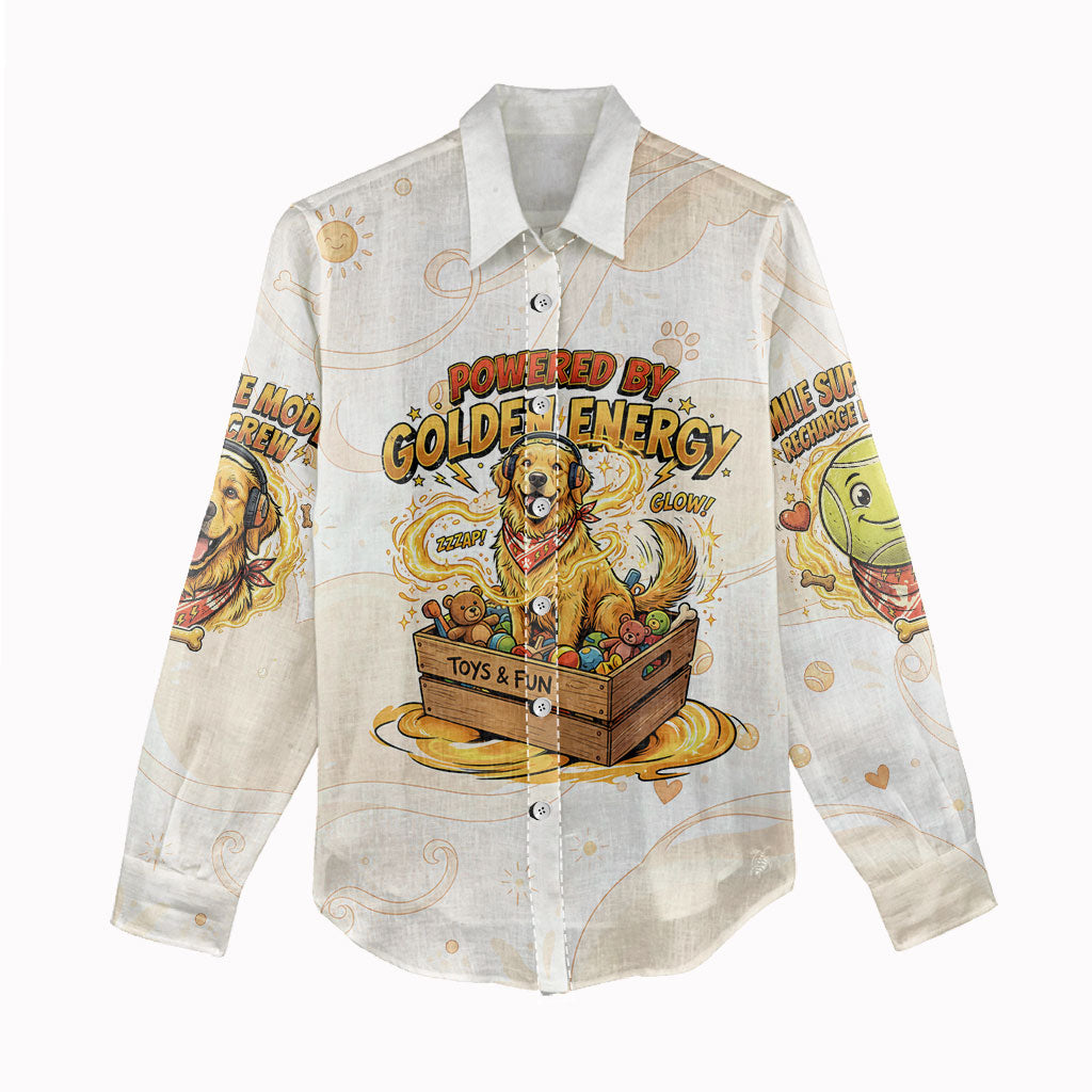 Powered By Golden Energy Women Casual Shirt Golden Retriever In Toy Retro Comic Crate Art