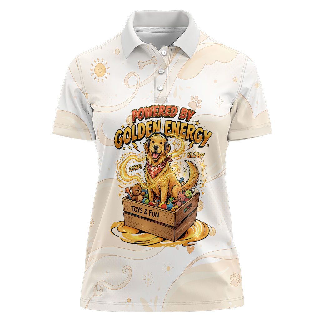 Powered By Golden Energy Women Polo Shirt Golden Retriever In Toy Retro Comic Crate Art