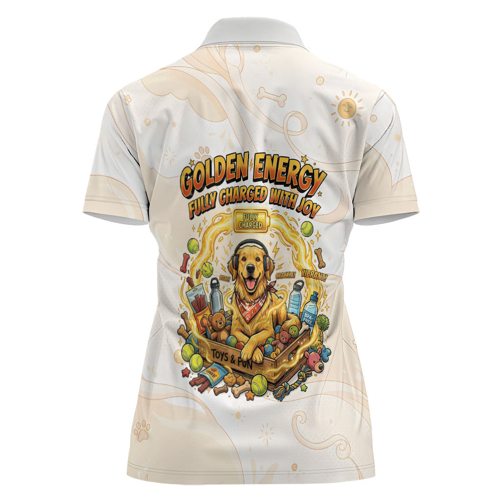 Powered By Golden Energy Women Polo Shirt Golden Retriever In Toy Retro Comic Crate Art