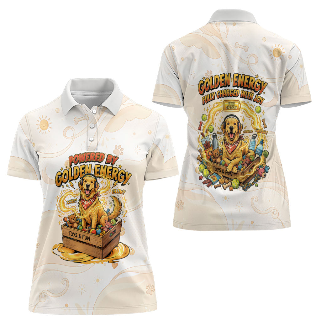 Powered By Golden Energy Women Polo Shirt Golden Retriever In Toy Retro Comic Crate Art