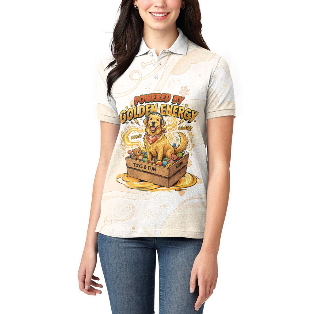 Powered By Golden Energy Women Polo Shirt Golden Retriever In Toy Retro Comic Crate Art