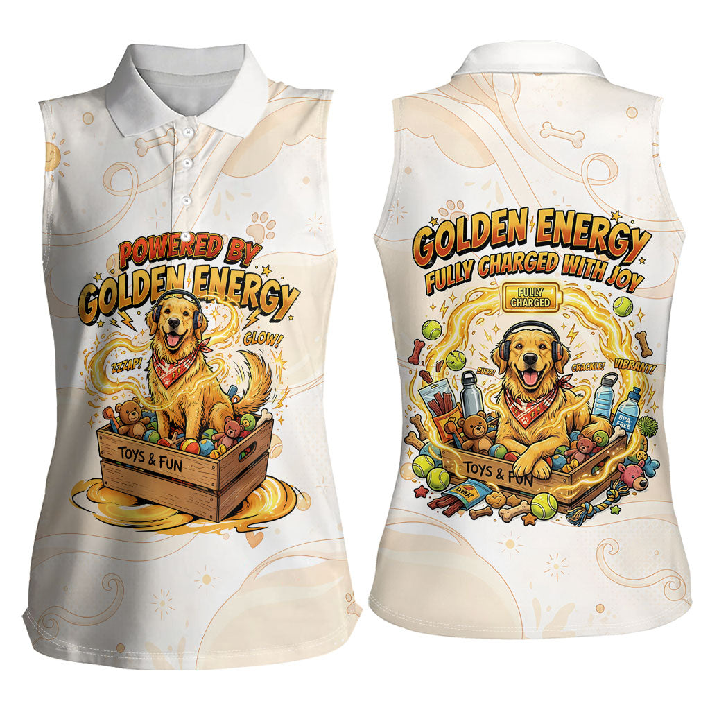 Powered By Golden Energy Women Sleeveless Polo Shirt Golden Retriever In Toy Retro Comic Crate Art