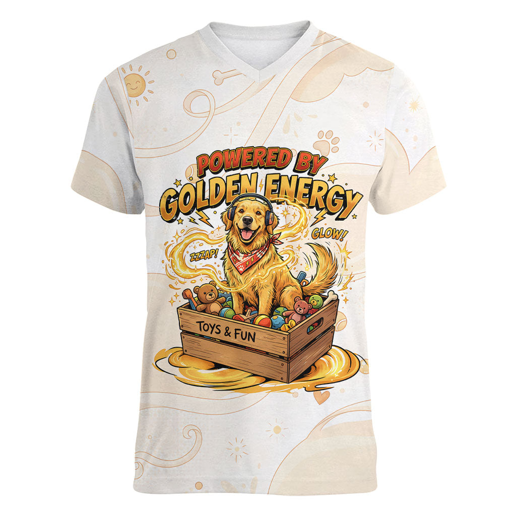Powered By Golden Energy Women V-Neck T-Shirt Golden Retriever In Toy Retro Comic Crate Art