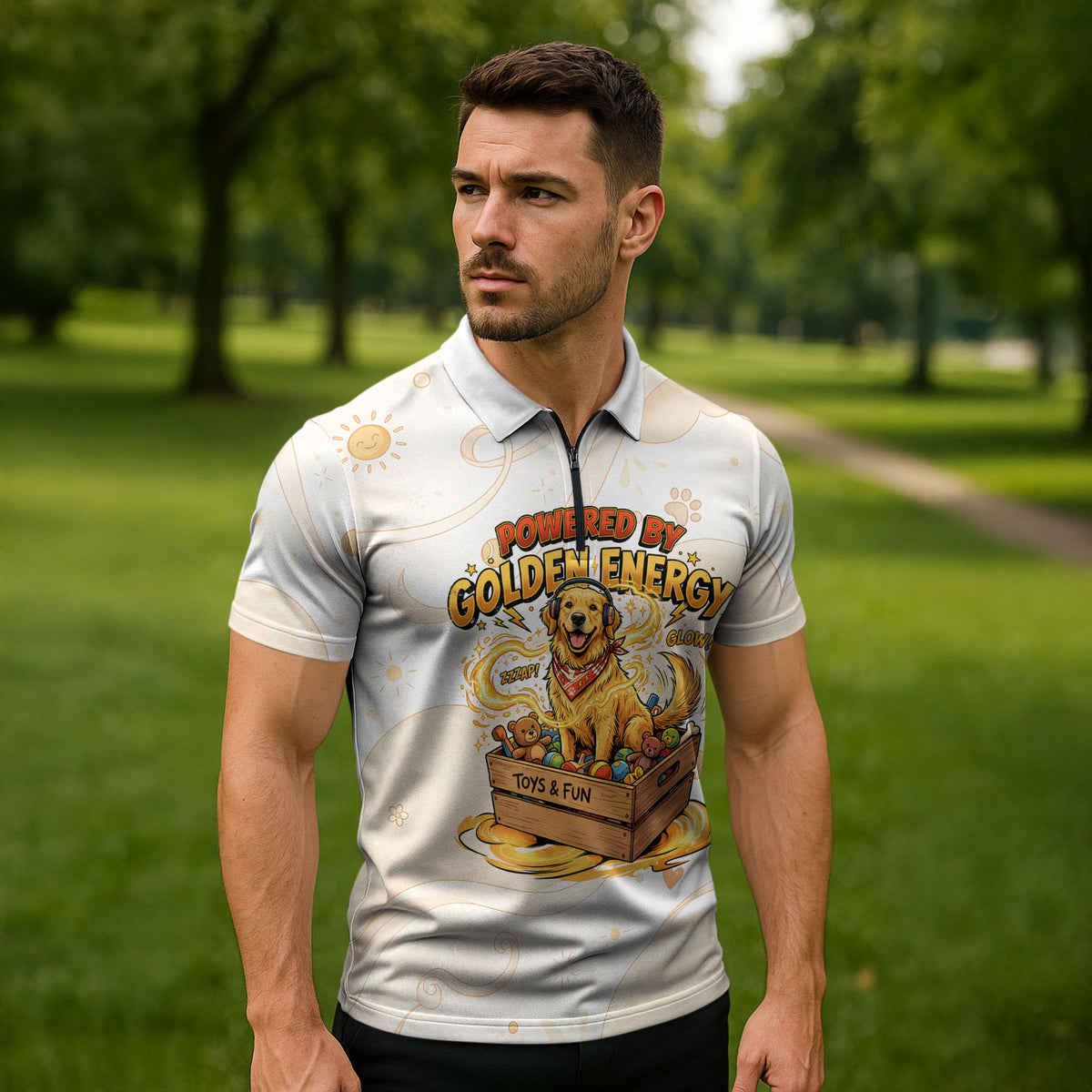 Powered By Golden Energy Zipper Polo Shirt Golden Retriever In Toy Retro Comic Crate Art