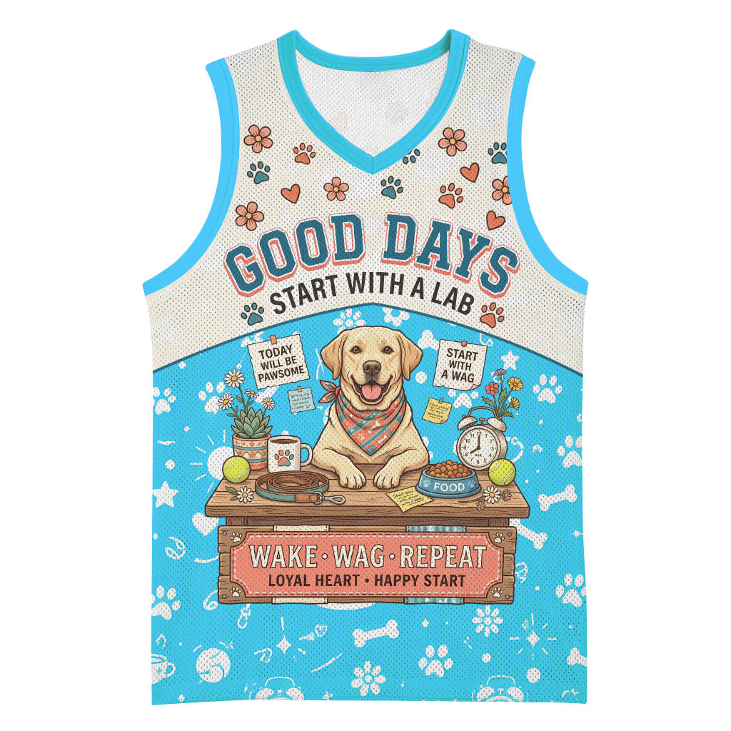 Labrador Good Days Start With A Lab Basketball Jersey Retro Cute Yellow Lab Paws And Tennis Balls