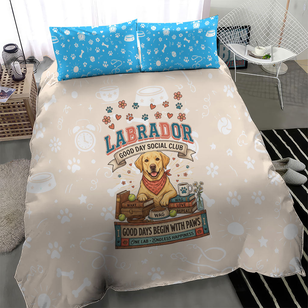 Labrador Good Days Start With A Lab Bedding Set Retro Cute Yellow Lab Paws And Tennis Balls