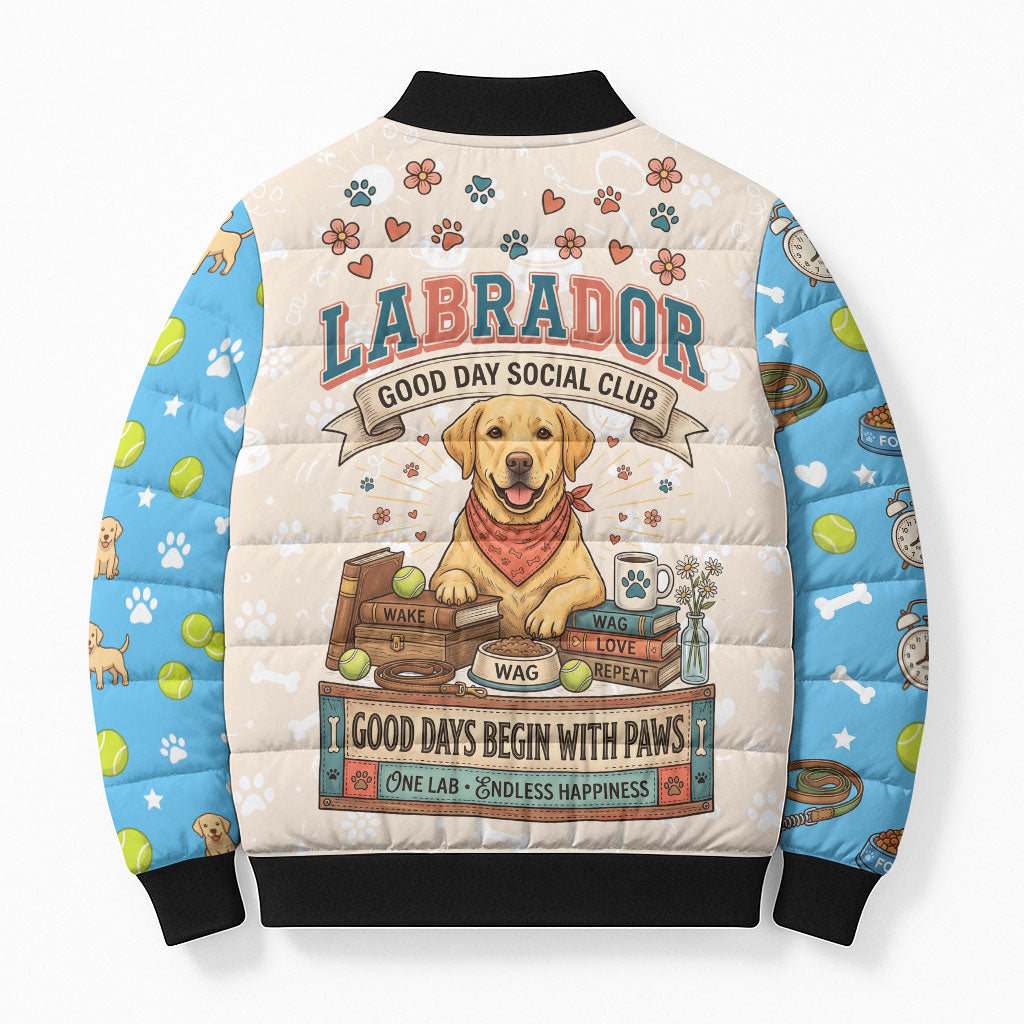 Labrador Good Days Start With A Lab Bomber Puffer Jacket Retro Cute Yellow Lab Paws And Tennis Balls